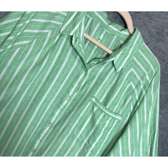 aerie Tops - Aerie Linen Blend Cover Up Shirt Womens Sz L Green Striped Semi Sheer Pocket